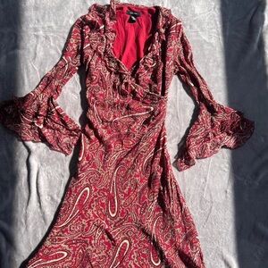 Express red 100% silk lining paisley midi dress